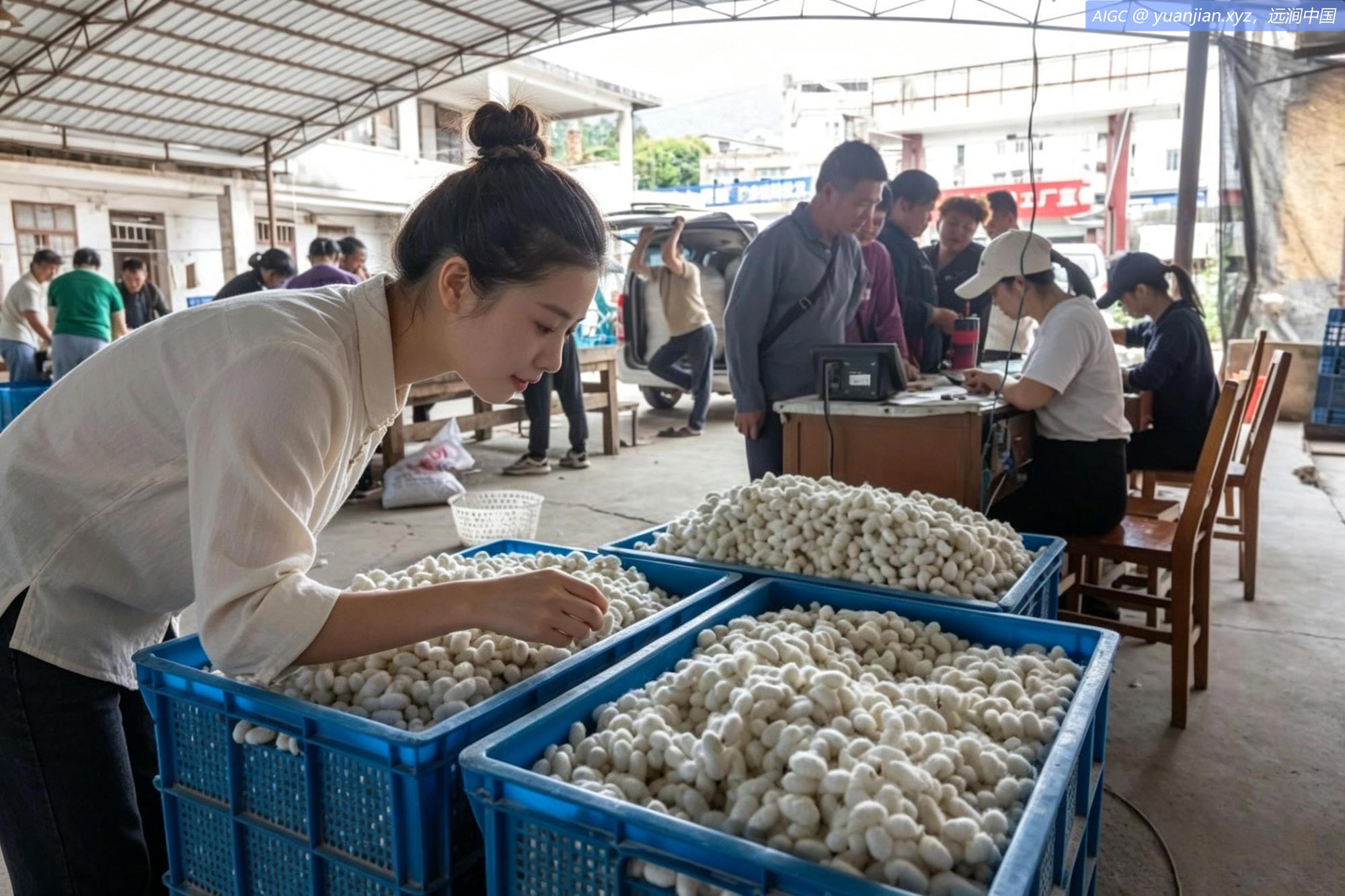 广西梧州市蒙山县新圩镇新圩村蚕茧收购现场