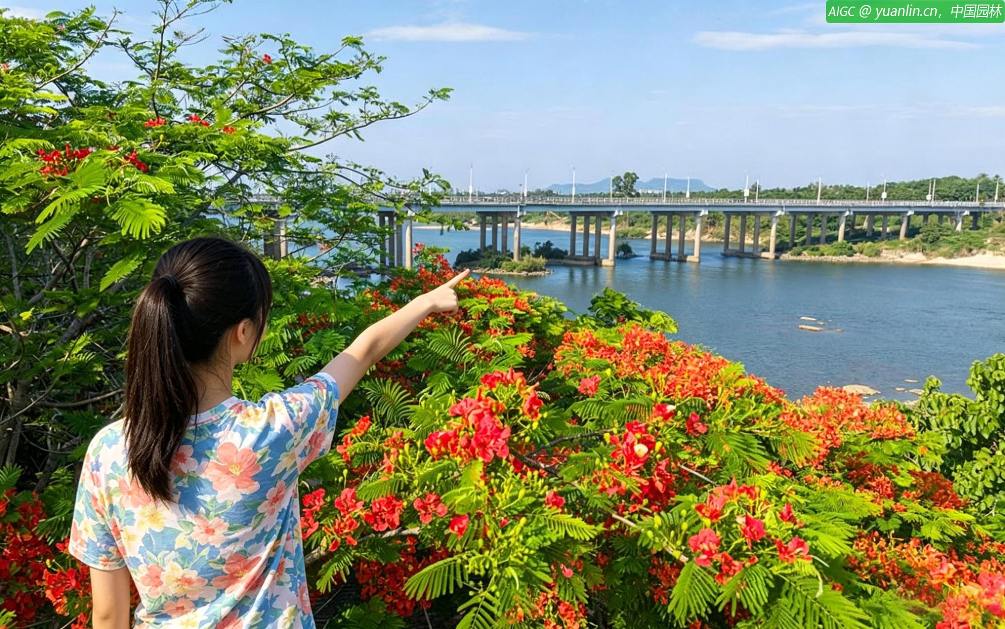 海南琼海万泉河畔，一株株凤凰木竞相绽放