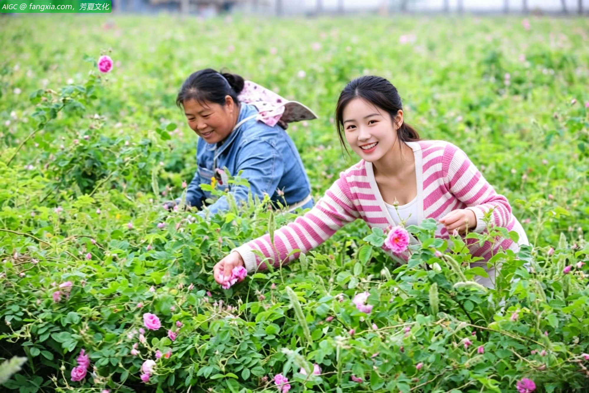 江苏盐城，采花工人在采摘大马士革玫瑰花。