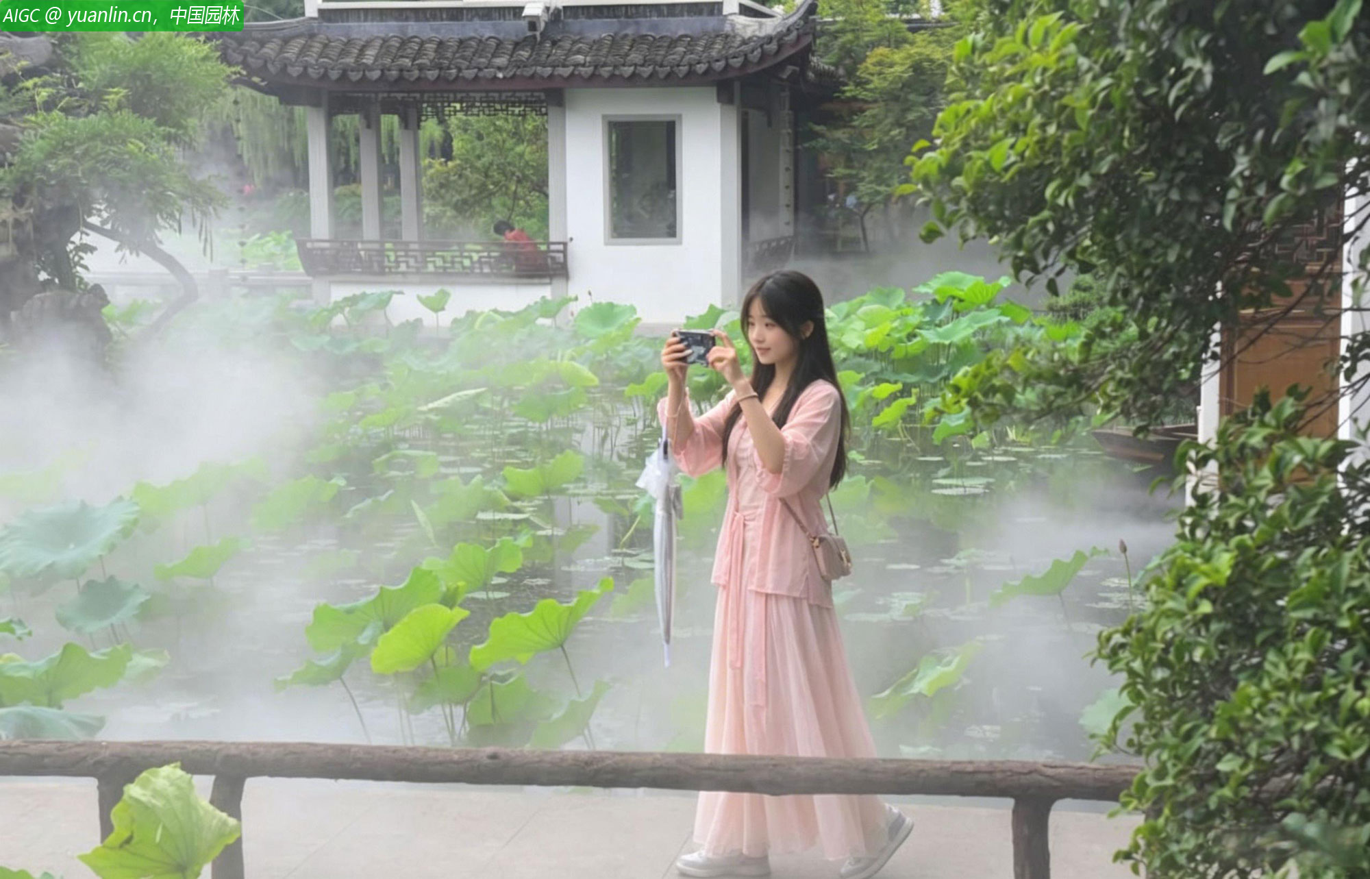 杭州西湖曲院风荷景区雾森系统开启，荷塘水雾弥漫