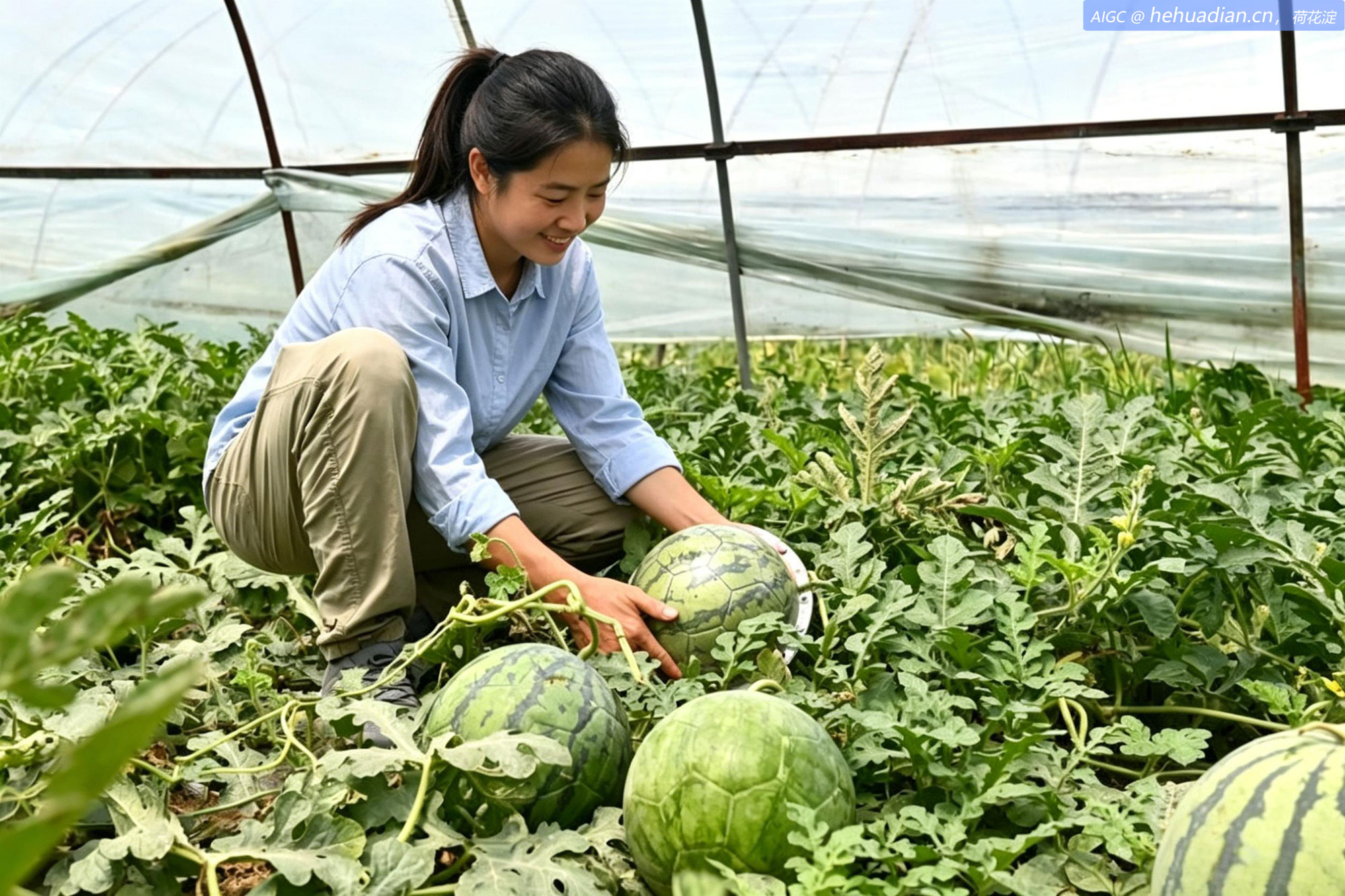 江苏常州牟家村快乐农场的足球造型西瓜迎来成熟采收