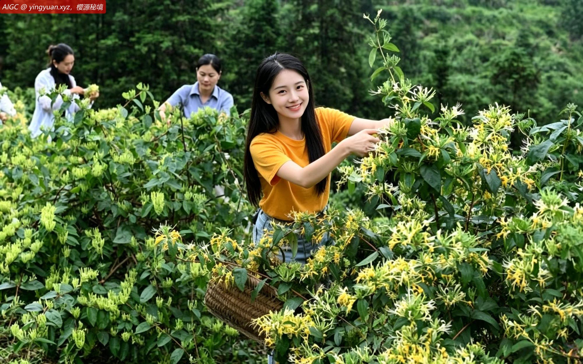 湖南省邵阳市洞口县桐山乡中桃村，农民在采摘金银花