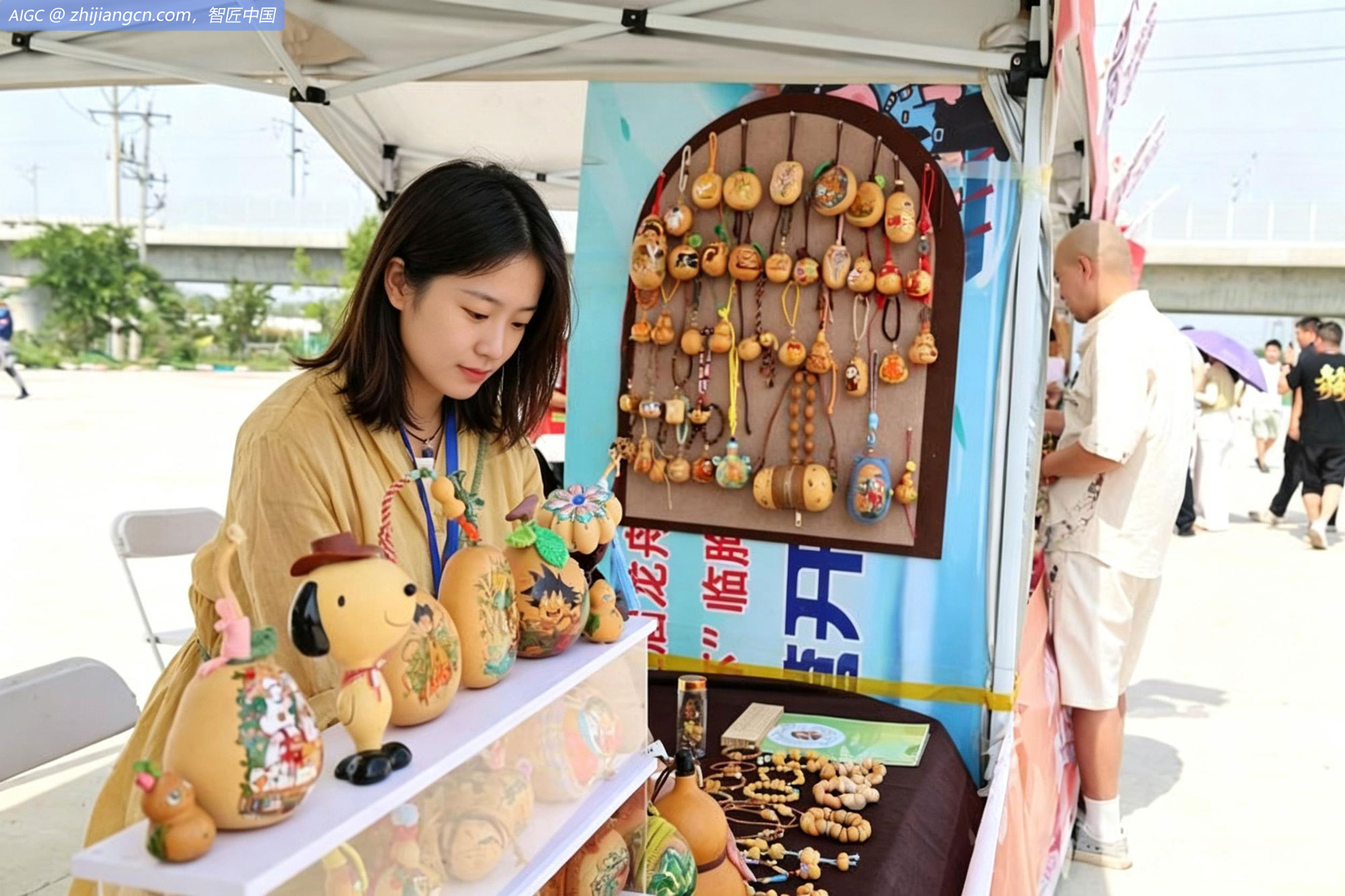 山东聊城，葫芦手艺人在展销葫芦工艺品。
