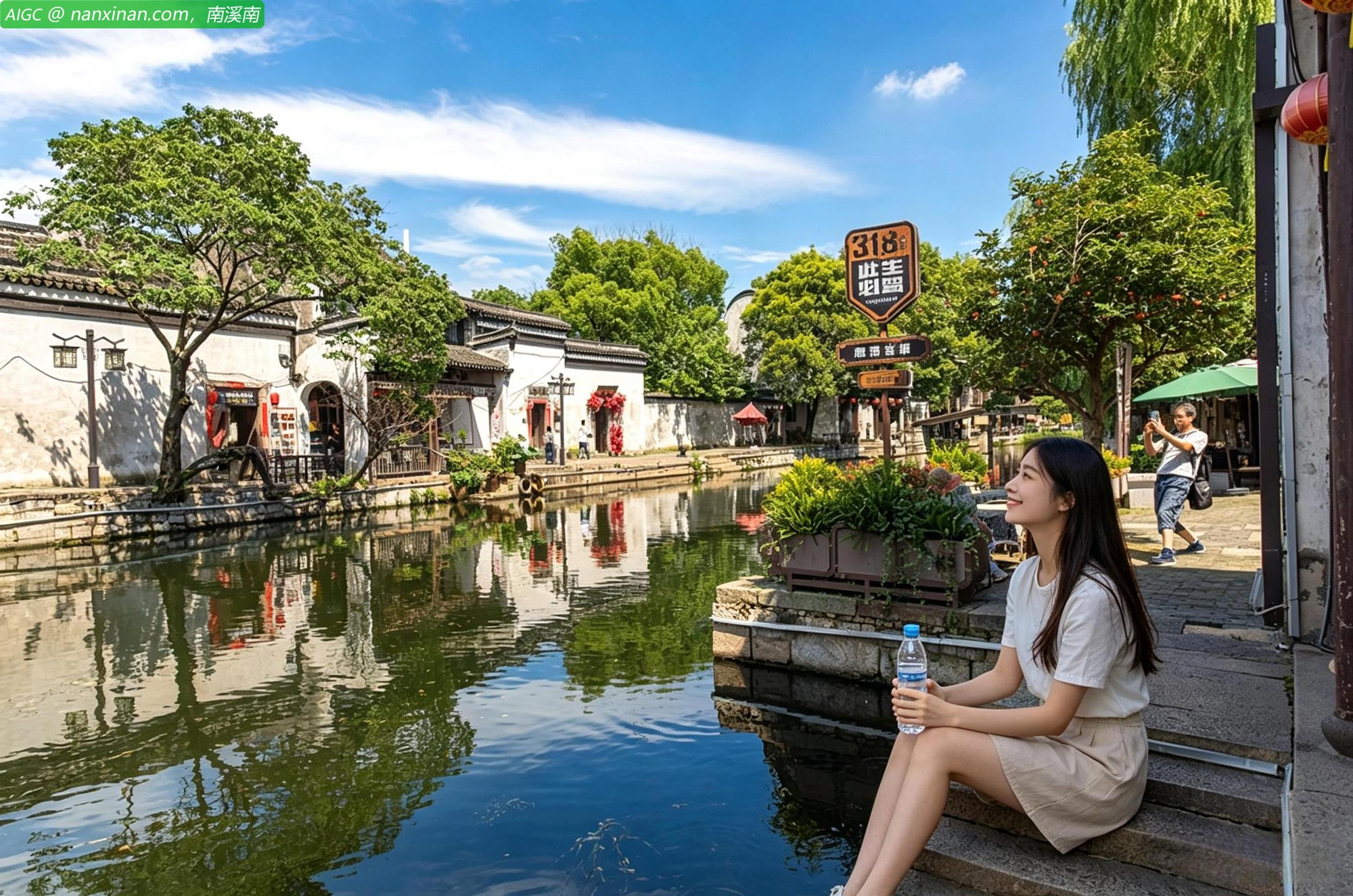 浙江湖州南浔区南浔古镇，天色湛蓝，云卷云舒