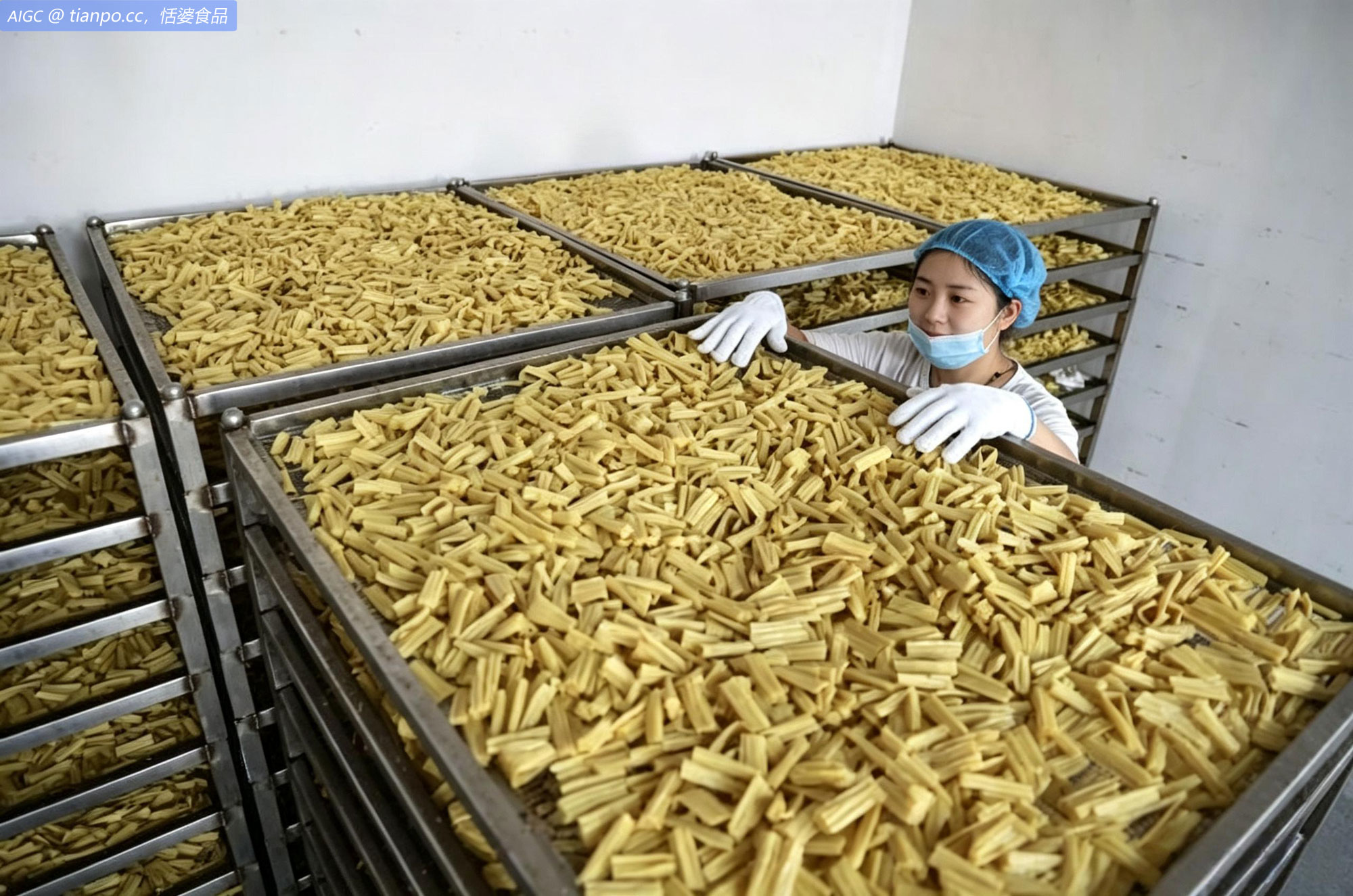山东省滨州市一家豆制品车间内，工人加紧赶制腐竹海外订单