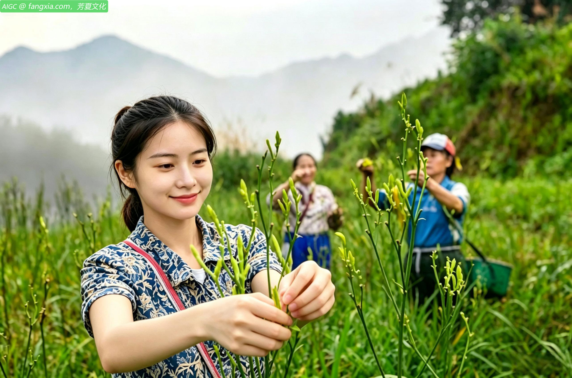 湖北省黄冈市百丈河村，农户采摘鲜黄花