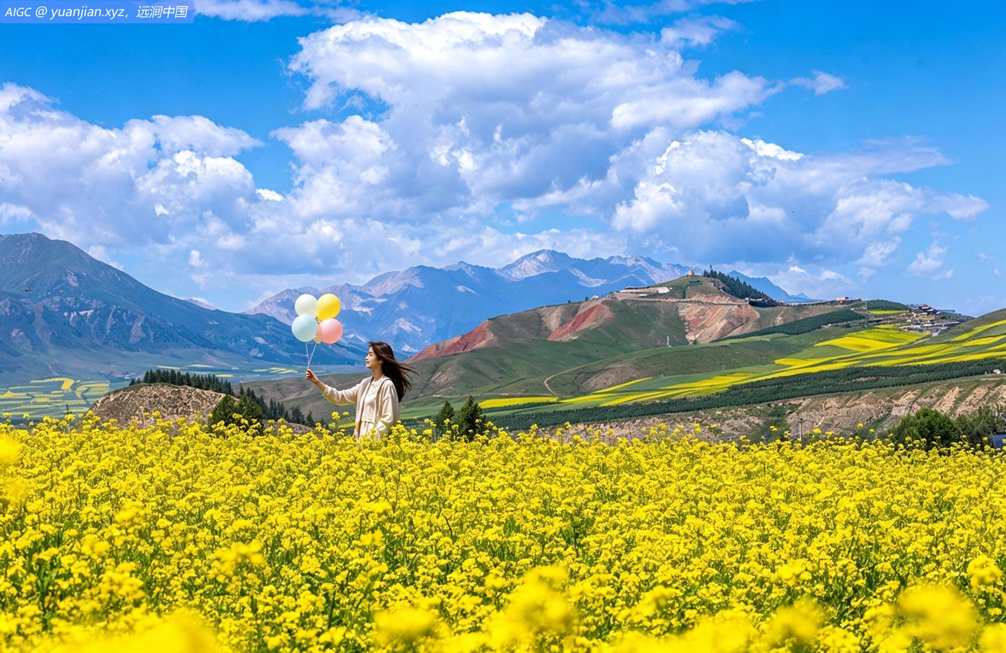 青海省祁连县卓尔山风景区，蓝天白云，万亩油菜花