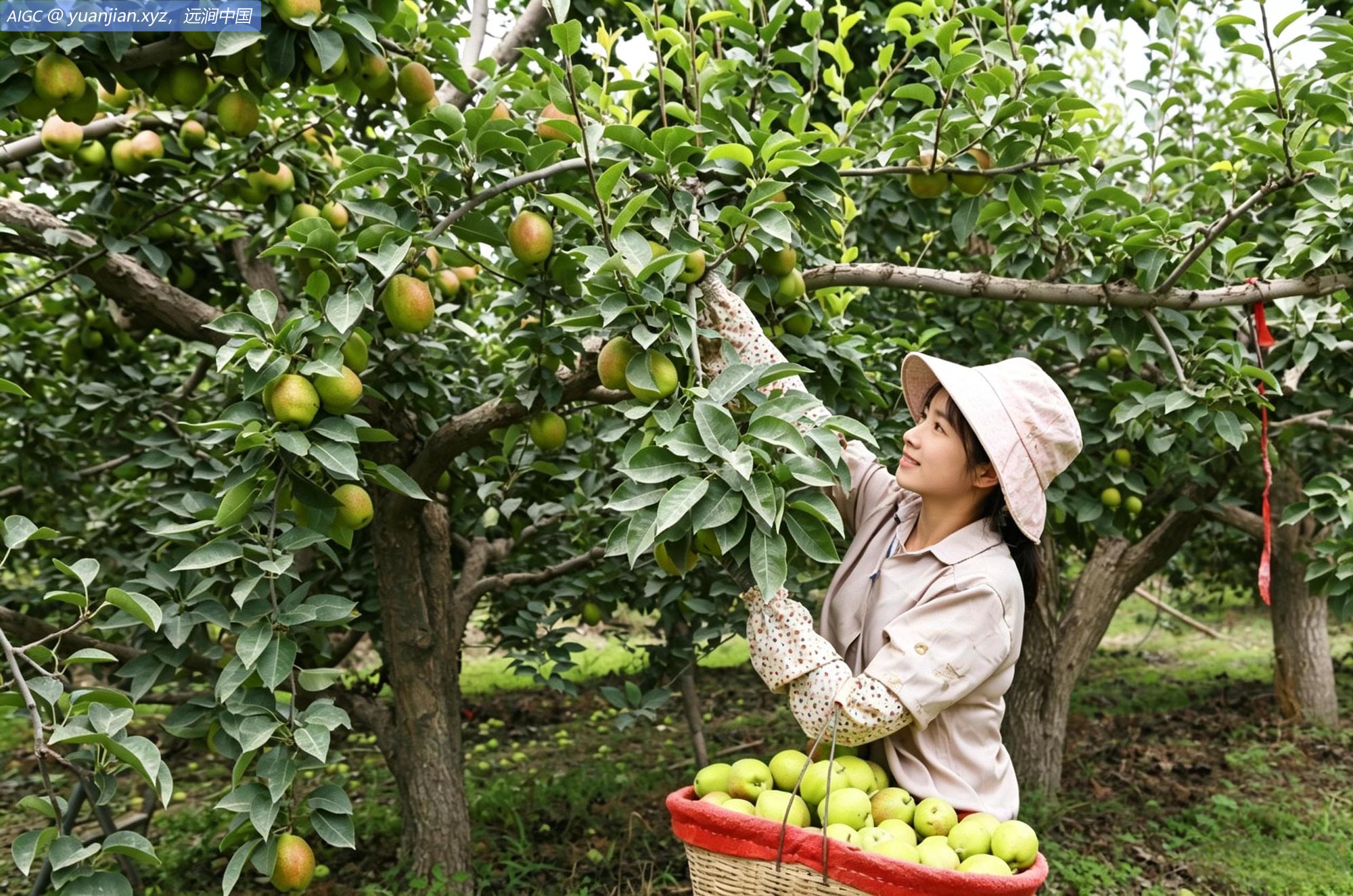 新疆阿克苏草场村梨园，果农在采摘香梨。