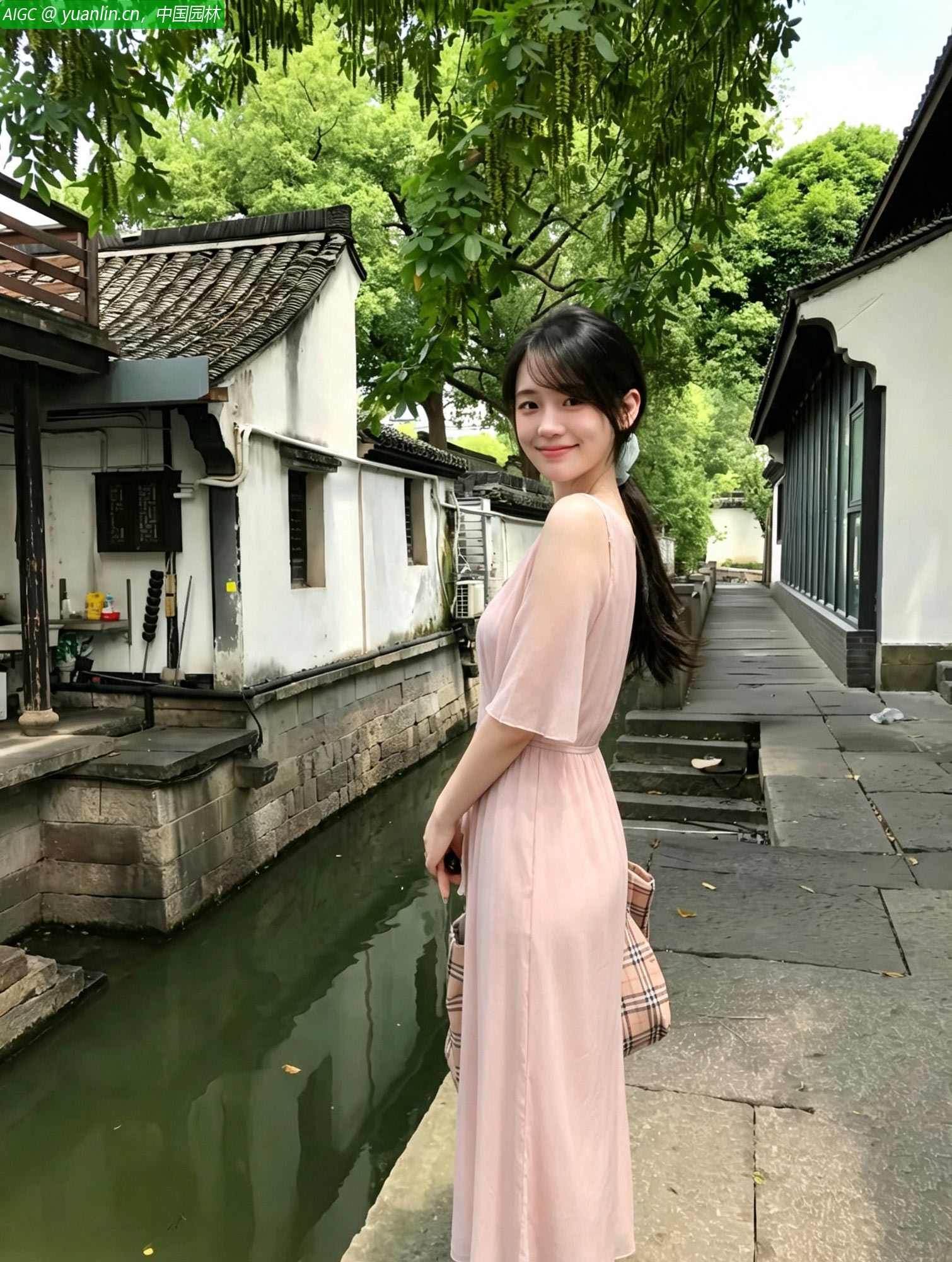 鲁迅故里，浅粉色长裙徜徉白墙黛瓦间