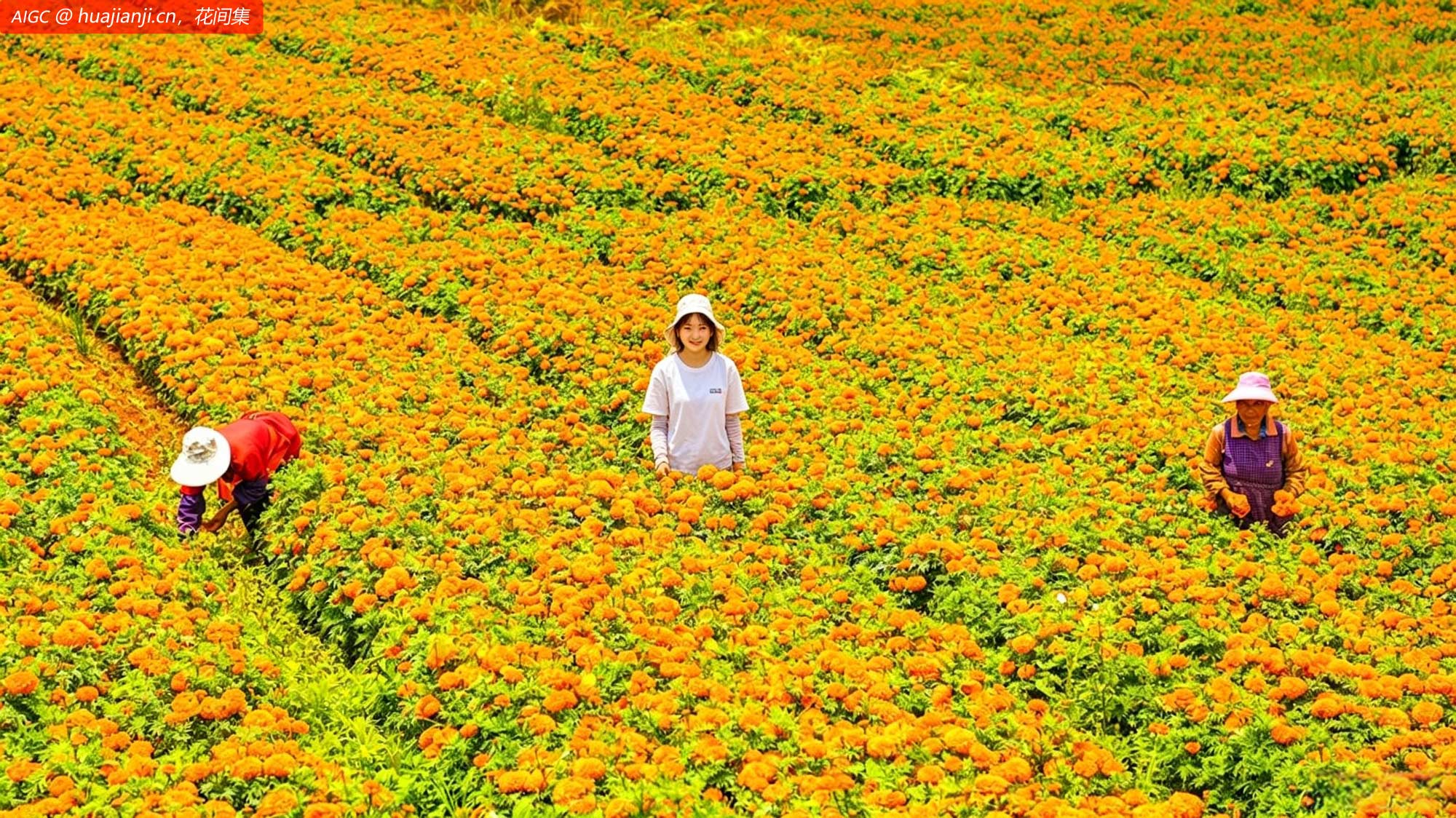 云南省文山州丘北县八道哨彝族乡，花农在采收万寿菊