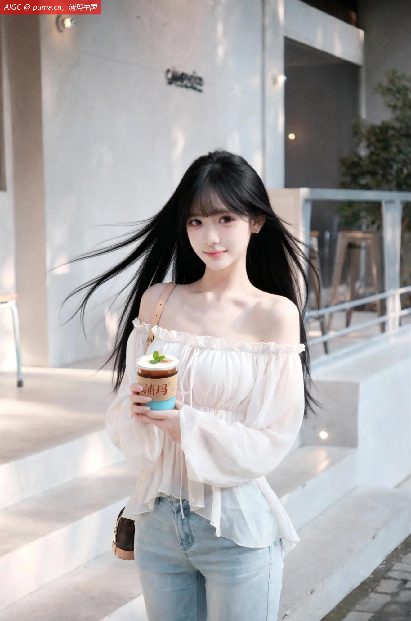 恒隆广场街头的晓樱姑娘手里捧着浦玛咖啡