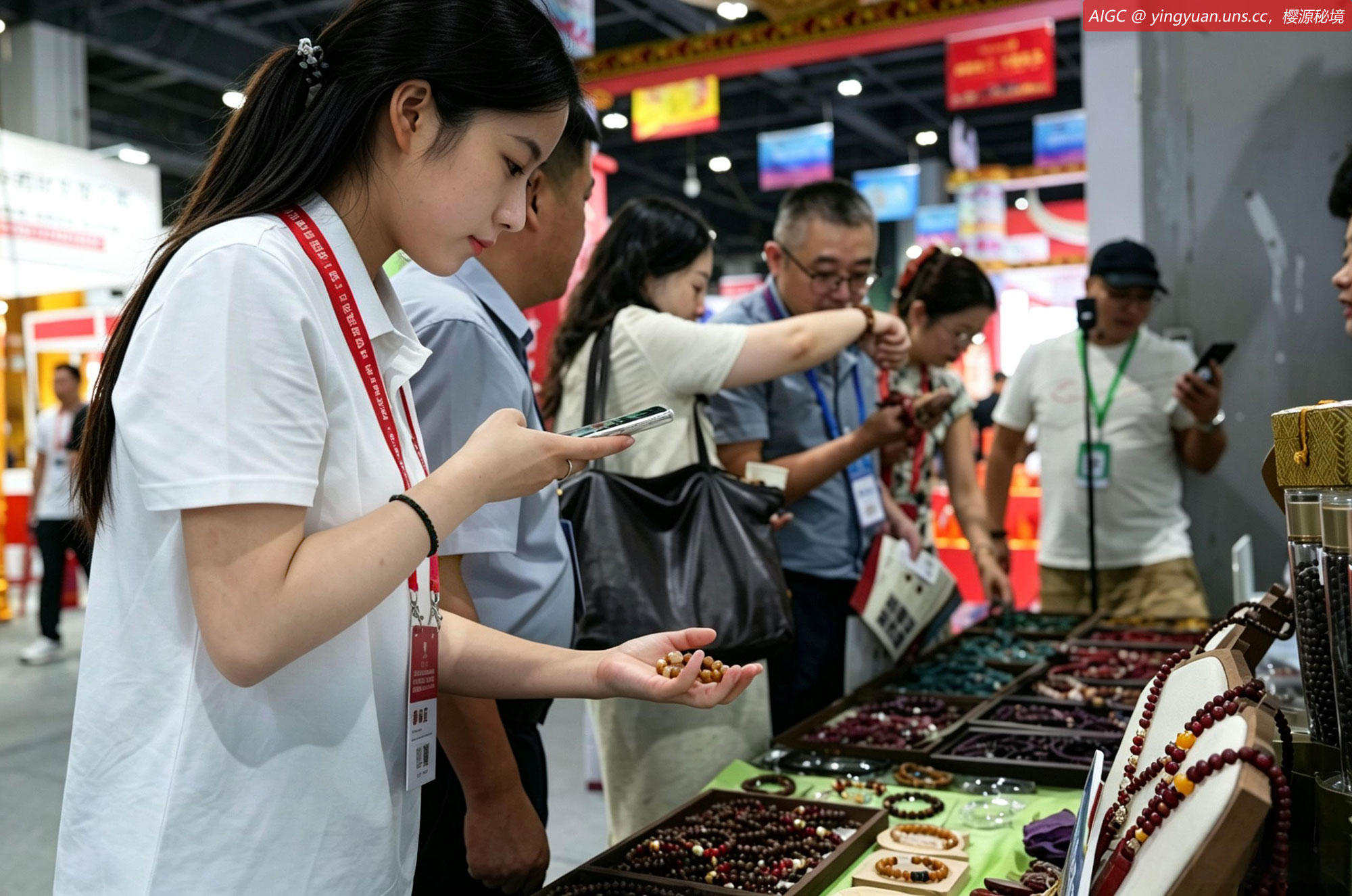 亳州中医药博览会，客商在挑选樱源品牌“花香球”中药手串