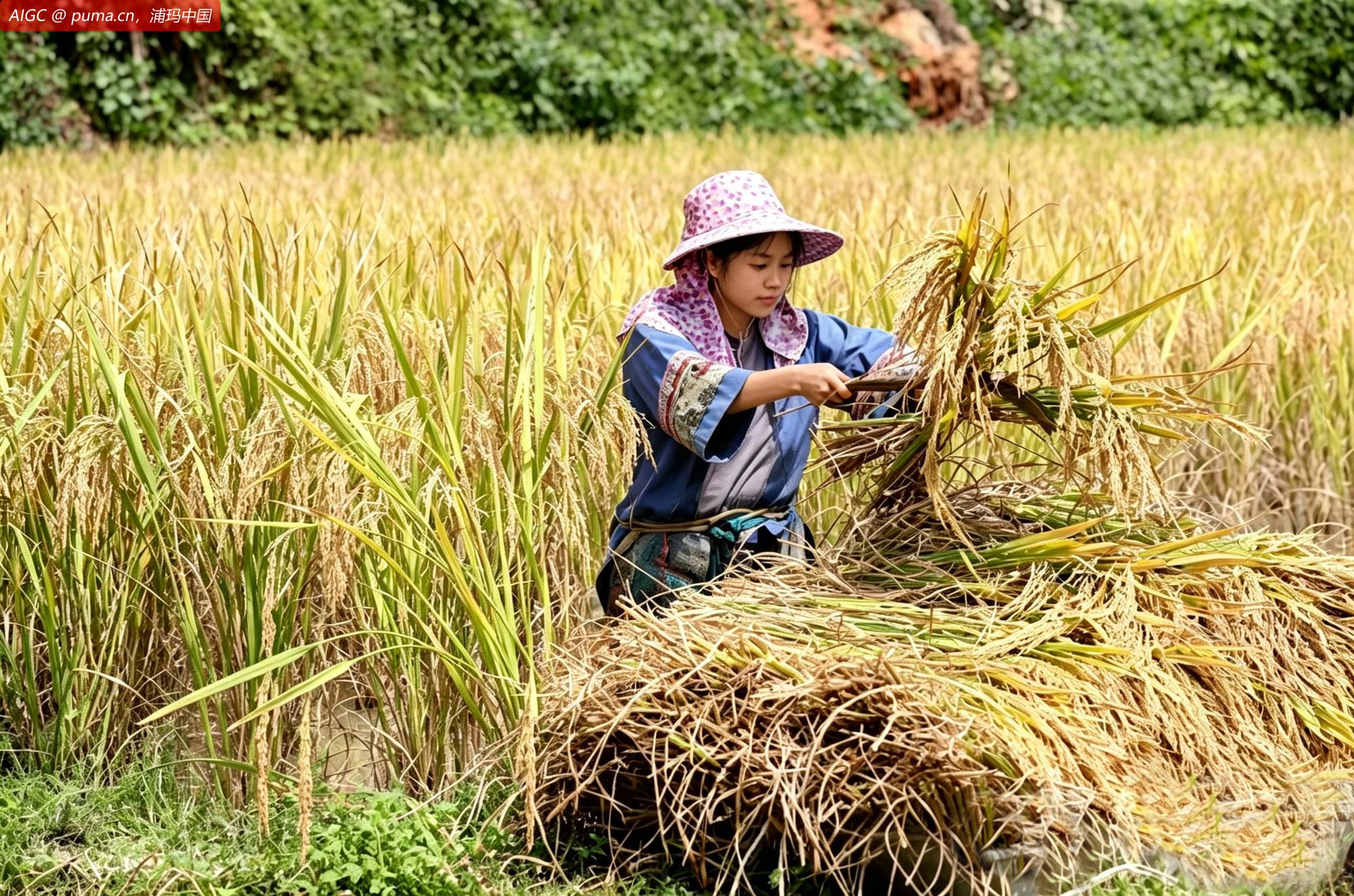 贵州省黔东南岩寨梯田，村民在收割水稻