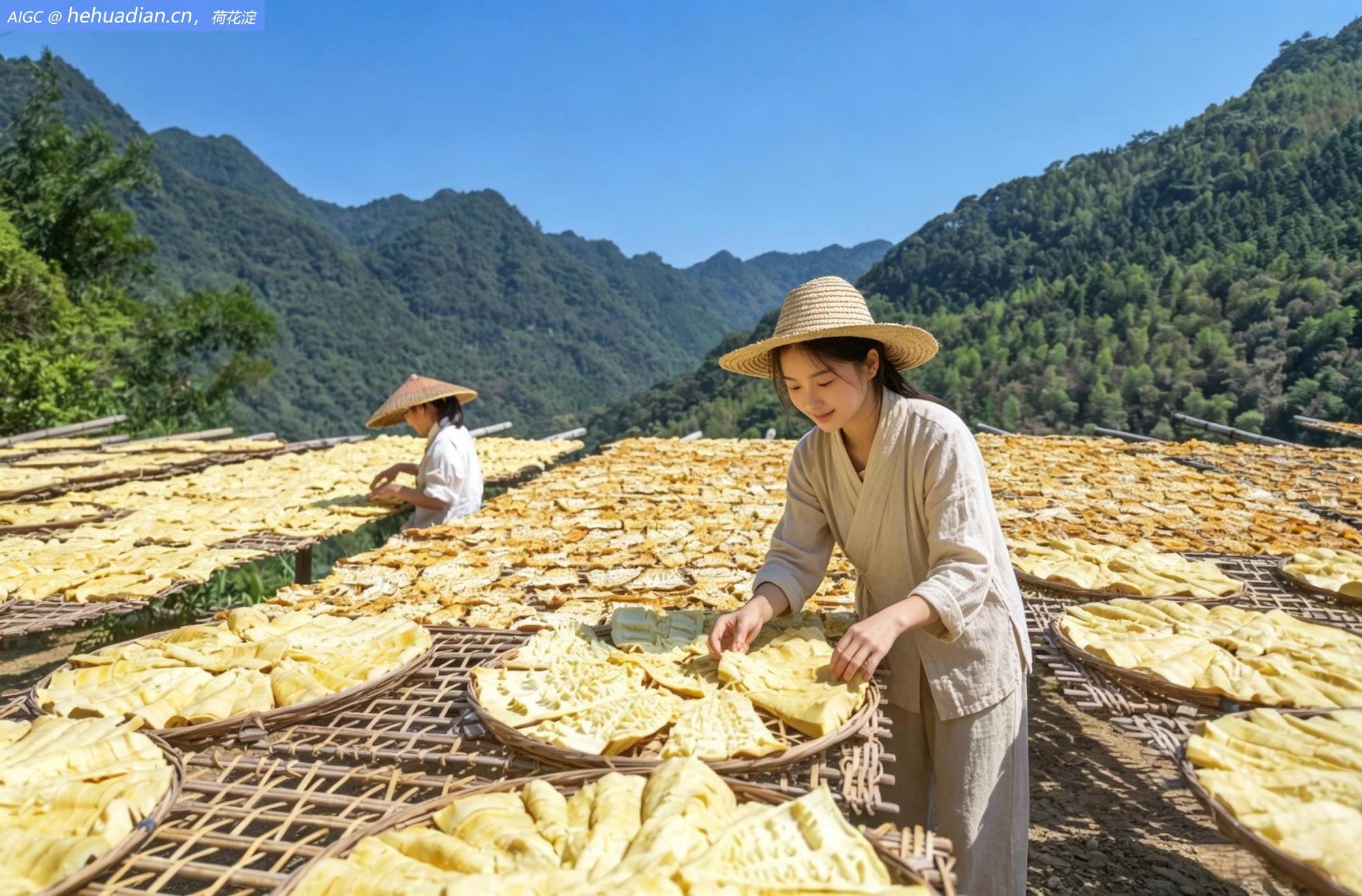 广西桂林市恭城嘉会镇西南村，村民在晾晒黄笋。