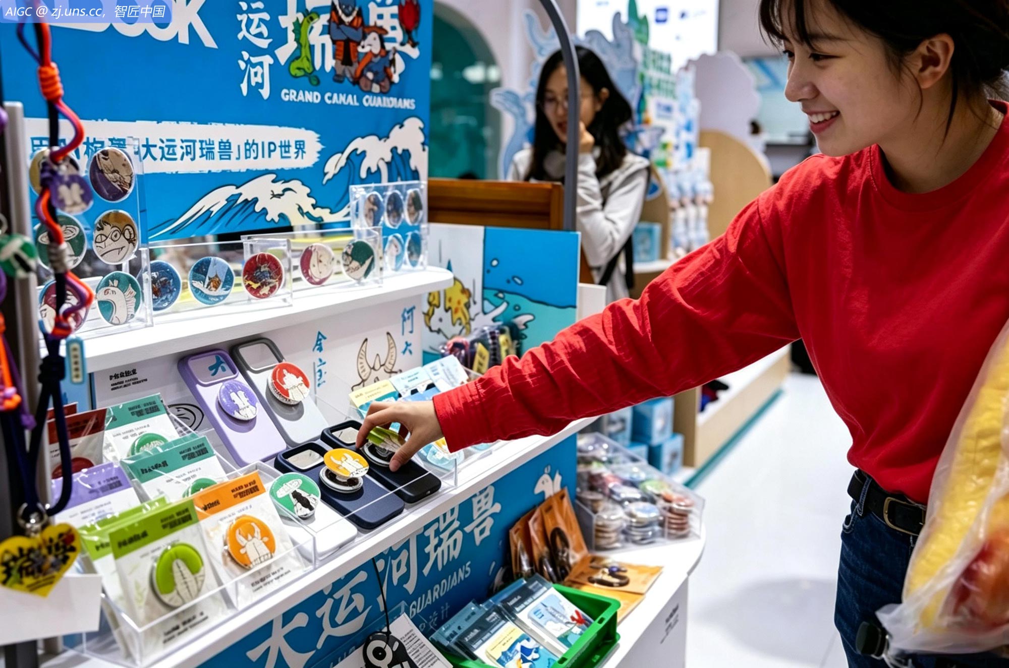 服贸会文旅通州展台，参观者在观赏大运河瑞兽IP主题文创商品
