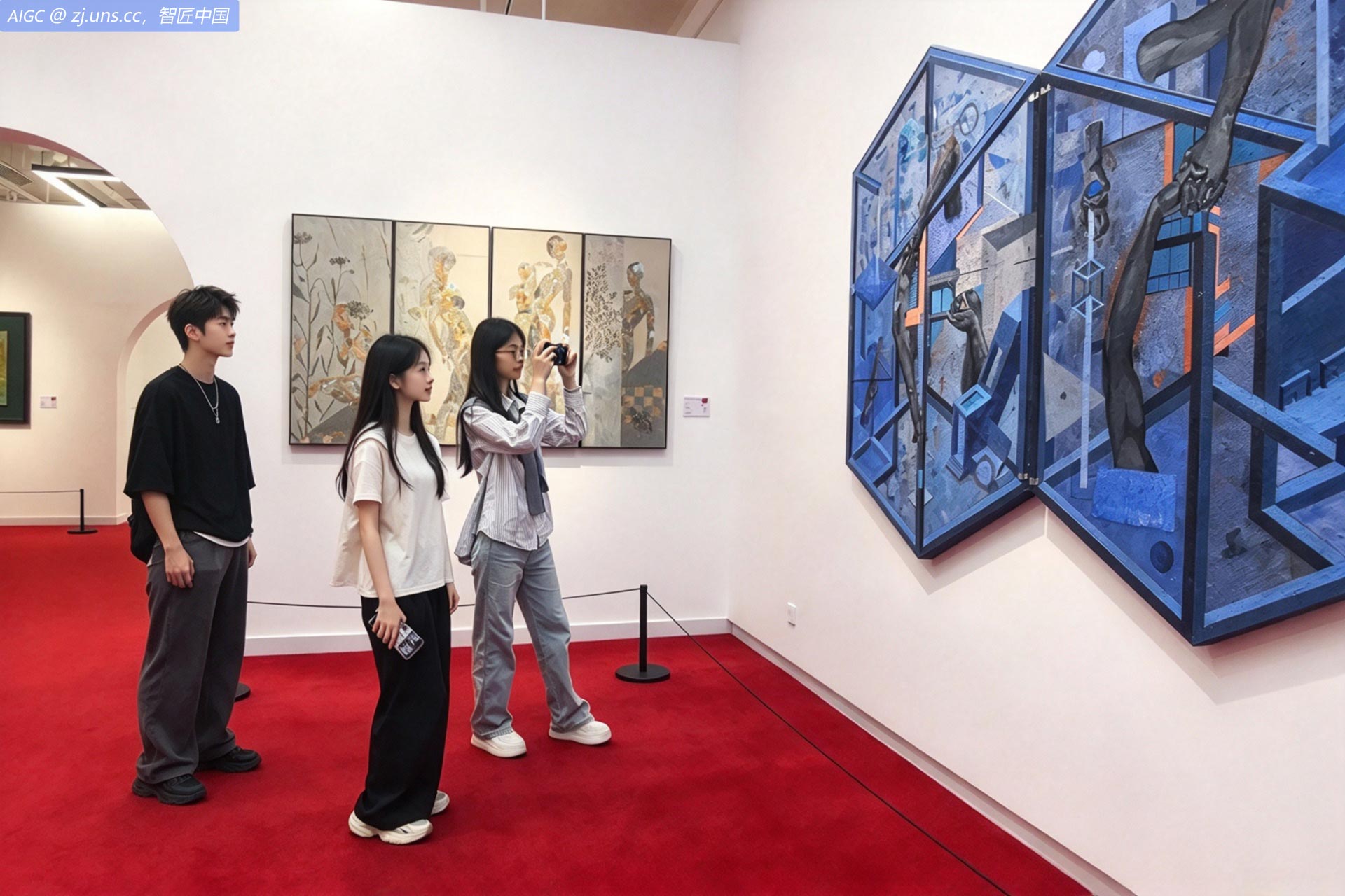 参观者在观看“绽放——第三届全国大学生美术作品展览进京展巡展”