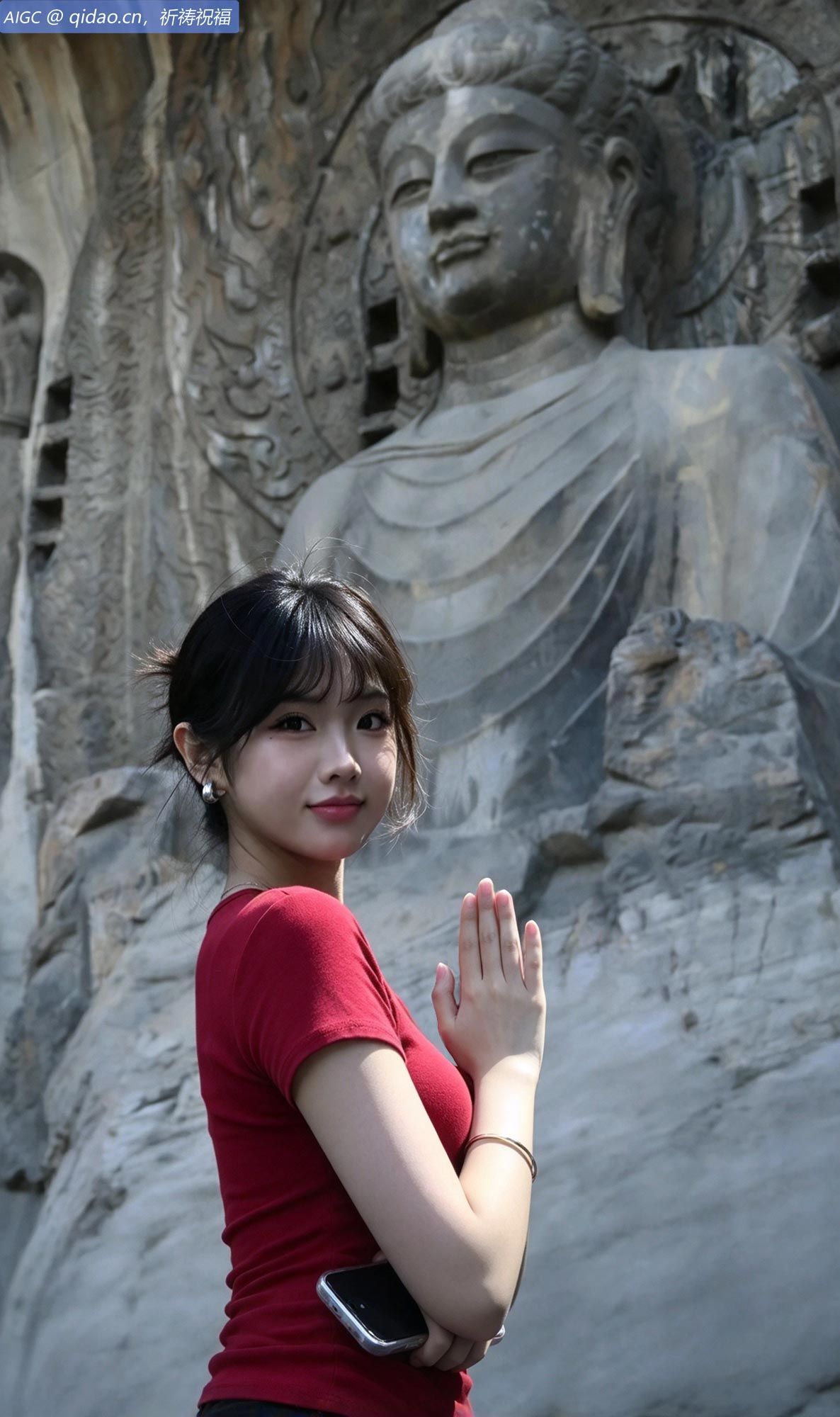 洛阳龙门石窟，少女晓樱在奉先寺卢舍那大佛前打卡