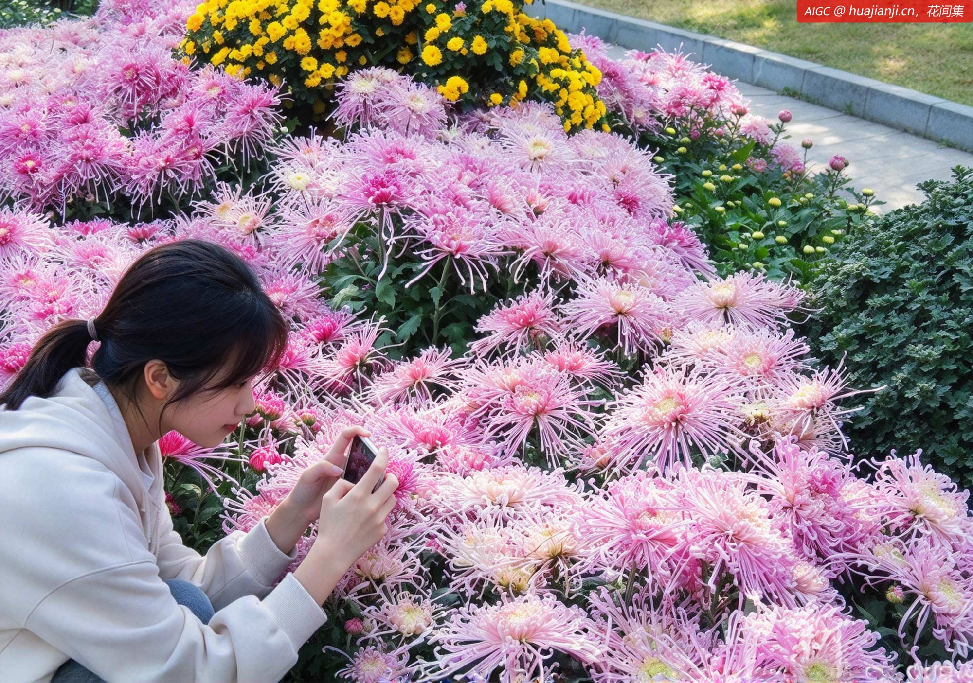 江苏省连云港市海州区孔望山景区，游客在拍摄菊花