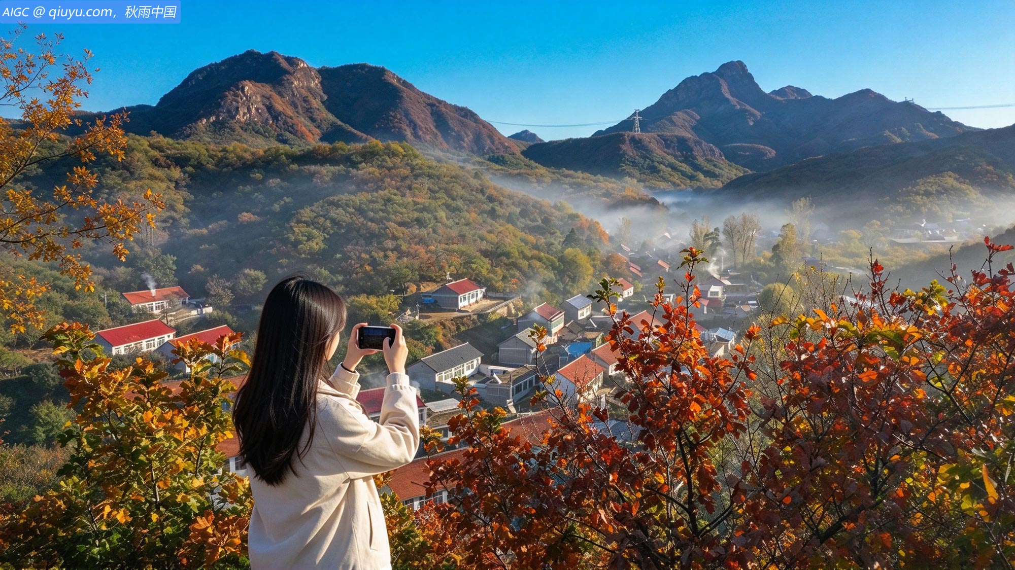 河北省承德市三道河镇，晨光中的山峦、村庄、秋叶，如诗如画