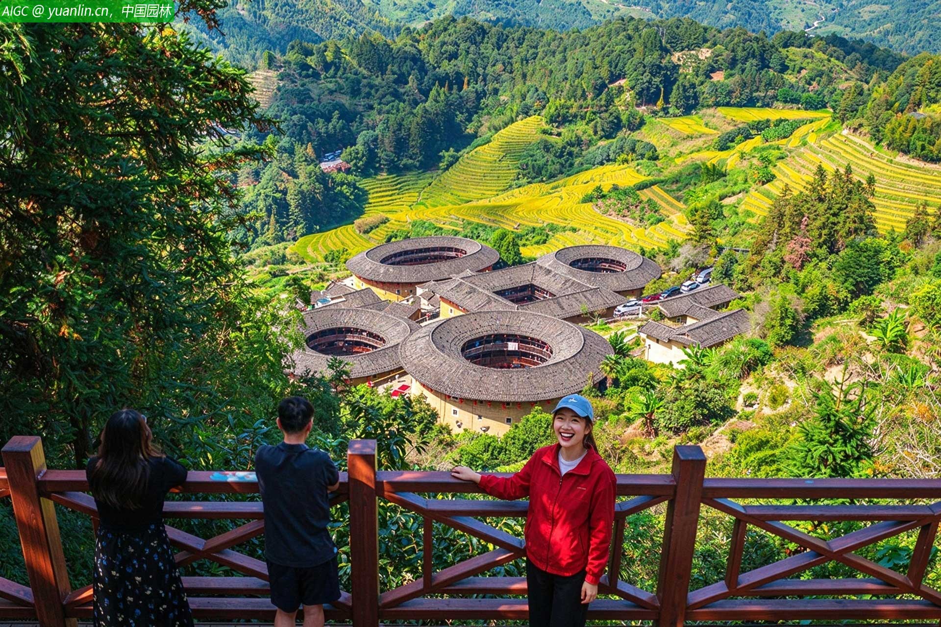 福建省漳州市南靖县，金色稻田，田螺坑土楼群