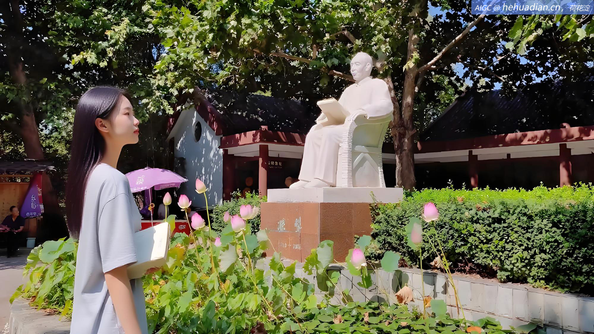 雄安新区荷花淀景点，一个女文青正准备参观孙犁纪念馆