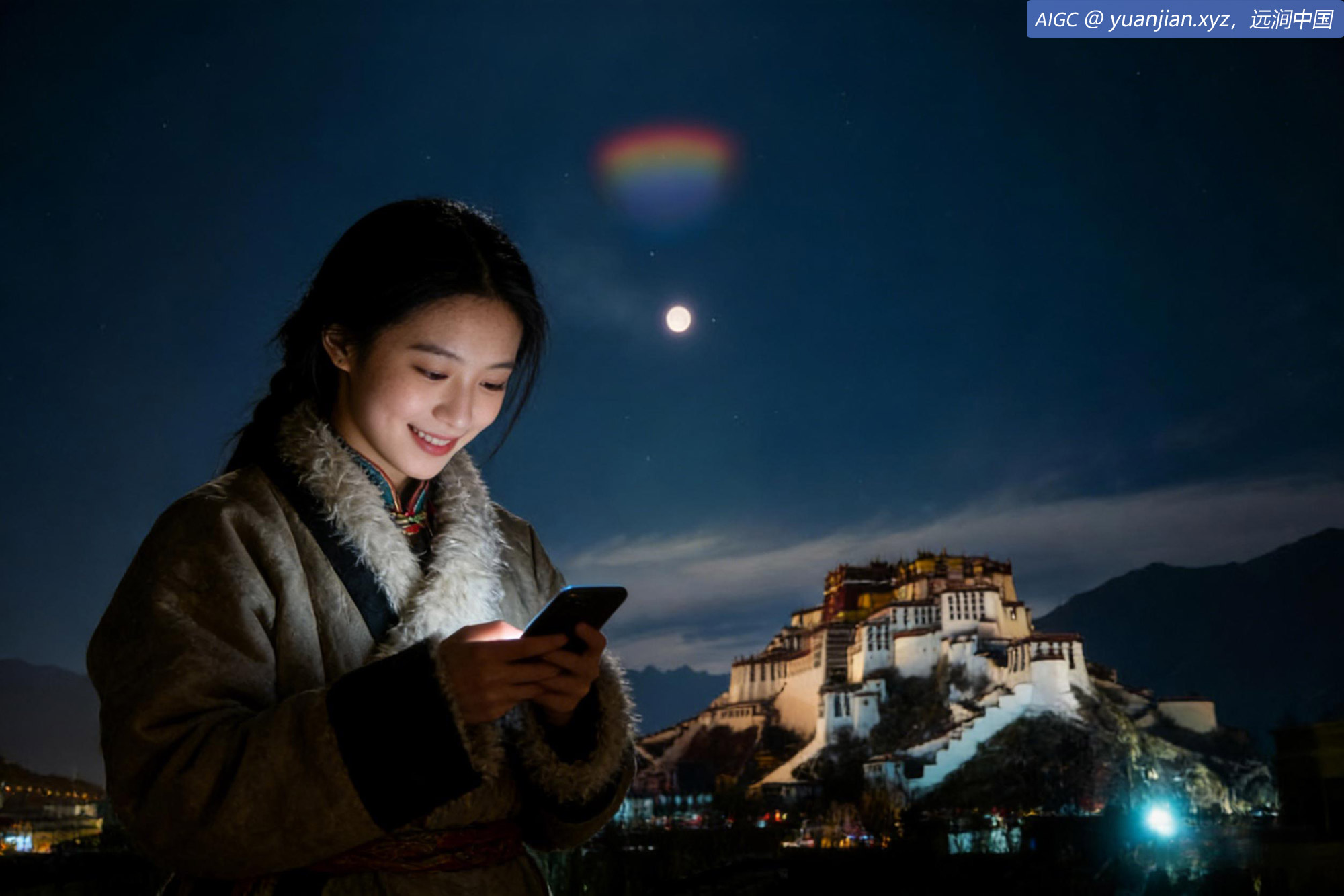 布达拉宫夜空上的七彩祥云