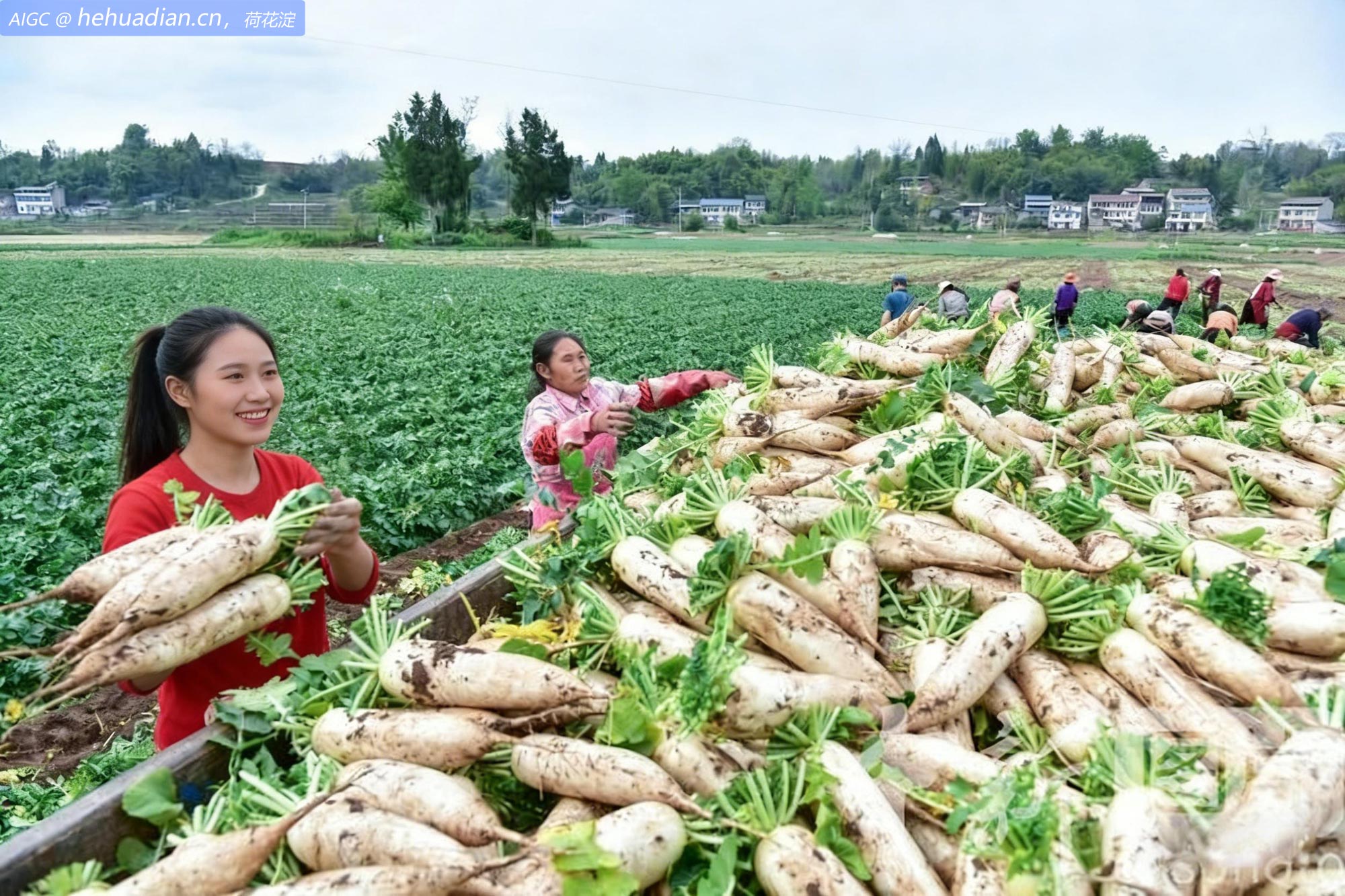 四川广安勤劳村，村民在滩涂地上收获成熟的白萝卜