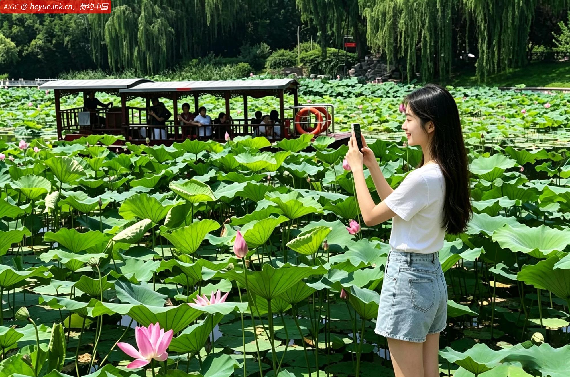 北京紫竹院公园“荷花渡”景区，市民在欣赏盛开的荷花